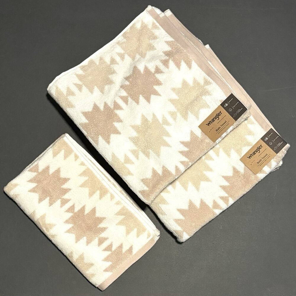 Wrangler Bath Hand Towels Canyon Ikat Beige Set Of 3 Pcs Aztec Southwestern Tan - Picture 8 of 10